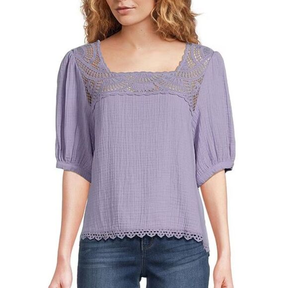 Democracy Tops - Democracy Cotton Woven Crochet Square Neck Short Bubble Sleeve Scallop Hem Top